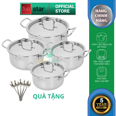 Bộ nồi inox đáy từ cao cấp Fivestar nắp inox - 3 đáy dùng được mọi bếp , tặng 5 muỗng ăn