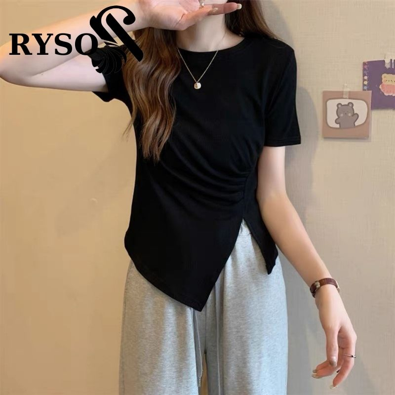 Áo Thun Nữ Tay Ngắn RYSO FASHION BaSic Kiểu Nhún Eo Vạt Lệch Xẻ Tà Chất Cotton Mềm Co Giãn Tôn Dáng