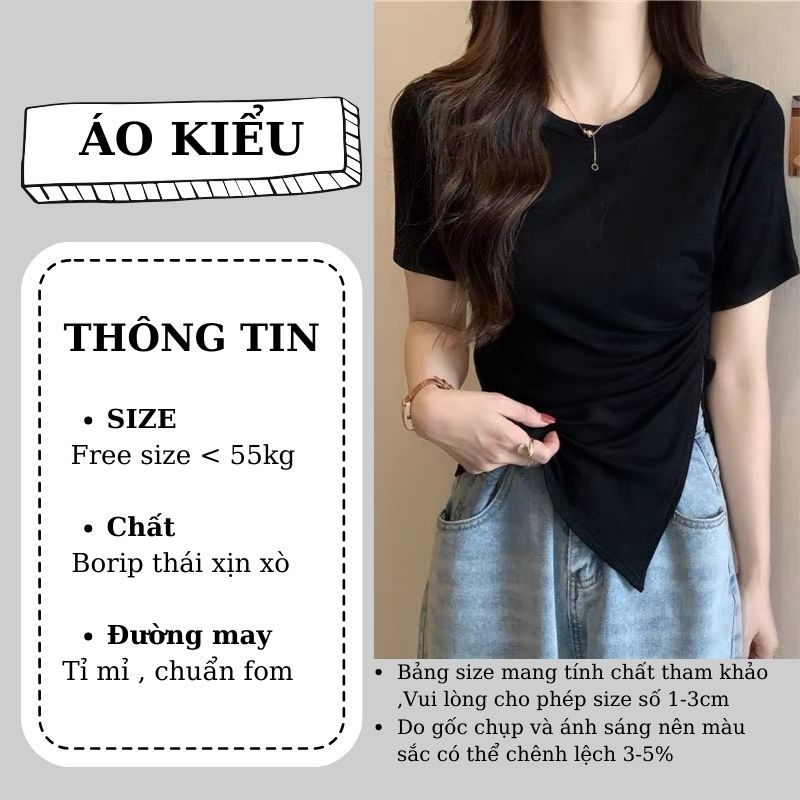 Áo Thun Nữ Tay Ngắn RYSO FASHION BaSic Kiểu Nhún Eo Vạt Lệch Xẻ Tà Chất Cotton Mềm Co Giãn Tôn Dáng