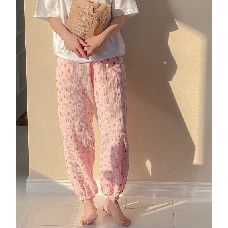 𝐚𝐬𝐡𝐞𝐱𝐢𝐧𝐜𝐡𝐚𝐨:  quần dài mặc nhà muslin  nhiều hoạ tiết bo gấu