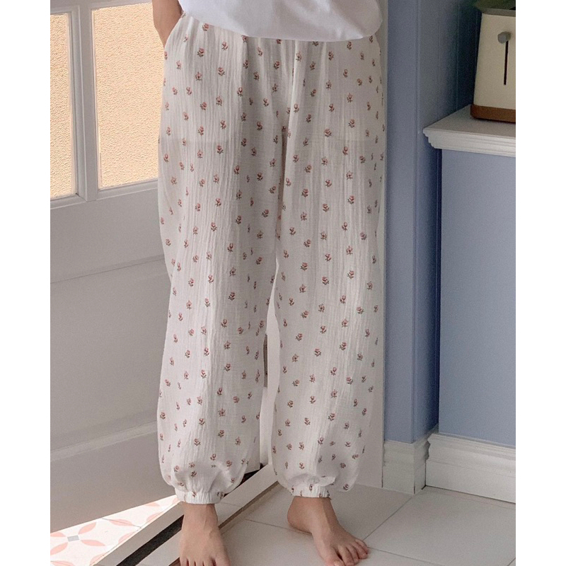 𝐚𝐬𝐡𝐞𝐱𝐢𝐧𝐜𝐡𝐚𝐨:  quần dài mặc nhà muslin  nhiều hoạ tiết bo gấu