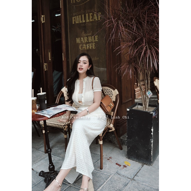 And Casually / Set 3 món áo cổ tàu / áo bra/ chân váy dài