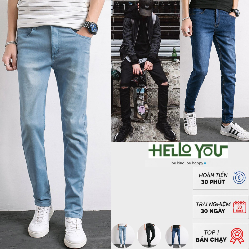 Quần jean nam skinny denim Helloyou, Quần bò nam ống côn dáng bó cao cấp mềm mịn, co dãn 4 chiều, slim fit- QA01