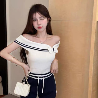 Áo len trễ vai nơ phối kẻ ngang freesize < 55kg dáng ôm hàng QC