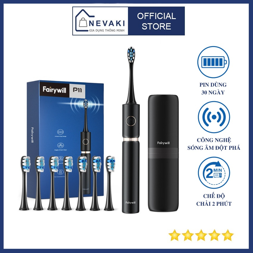 Bàn chải đánh răng điện Fairywill P11+ 8 đầu bàn chải thay thế+Công nghệ làm sạch bằng sóng siêu siêu âm NK21