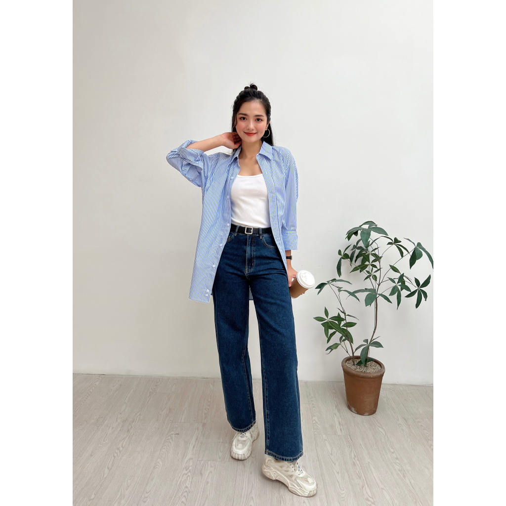 Quần Jeans Nữ Ống Rộng, Lưng Cao, Phom Suông, Màu Xanh Đậm (L-031)
