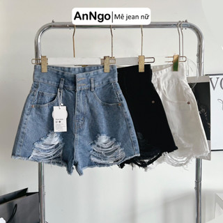  Quần short jean nữ lưng cao bản to chất jean denim không co giãn rách cực xinh Anngo - AT347 
