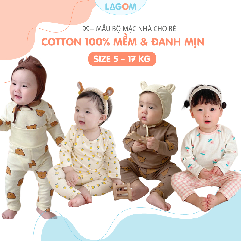 Bộ Cotton Bé Trai Bé Gái Dài Tay Thu Đông Lagom 0 -3 Tuổi