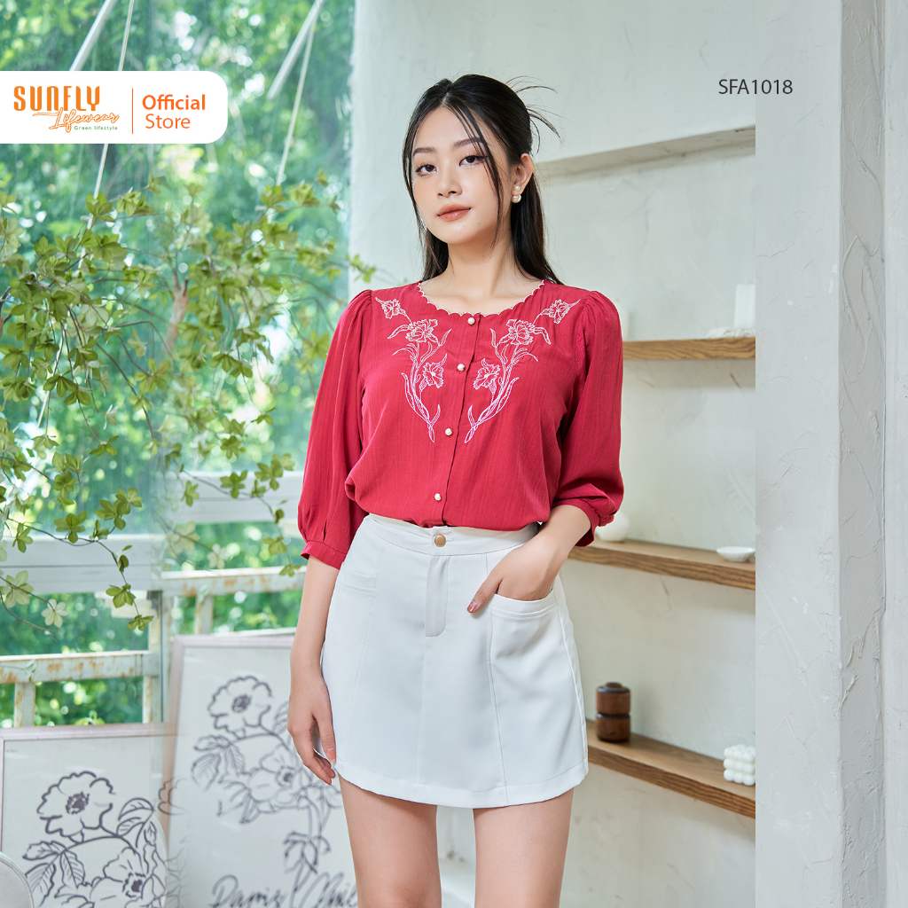 Áo Nữ Linen Lụa Thêu SUNFLY Tay Lỡ Ngọt Ngào, Quyến Rũ SFA1018