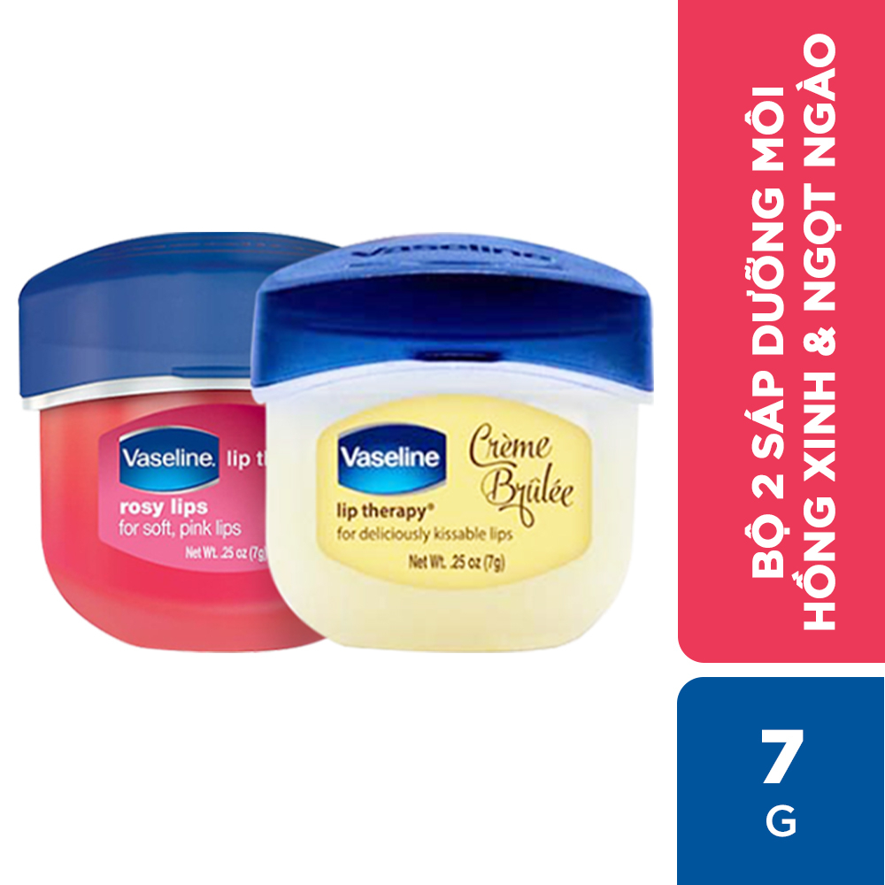 Combo 2 sáp dưỡng môi Vaseline dạng hũ Lip Therapy: hồng xinh Rosy Lips & ngọt ngào Creme Brulle (7gx2)