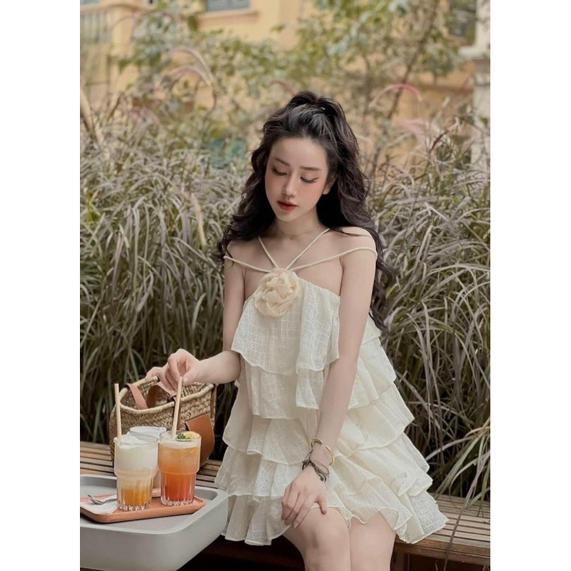 Váy maxi cổ yếm đi biển, đầm tiểu thư babydoll 2 dây tầng xòe ngắn chất ren gắn nơ hoa dự tiệc, đi chơi sang chảnh