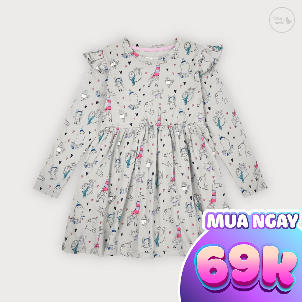 Váy Bé Gái BigFox Missmeow Size Đại, Váy Thu Đông Dài Tay Cho Bé Chất Thun Cotton In Họa Tiết 2-8