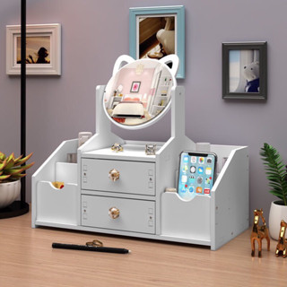 Bàn Trang Điểm Mini Có Gương Tròn Tai Mèo, 2 Tầng Ngăn Kéo Và Hộc 2 Bên Đựng Mỹ Phẩm