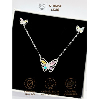 Set trang sức Bạc Ta Cáo Bạc Jewellery vòng cổ, khuyên tai cánh hồ điệp đính đá ngũ sắc xinh xắn quà tặng cho bạn gái