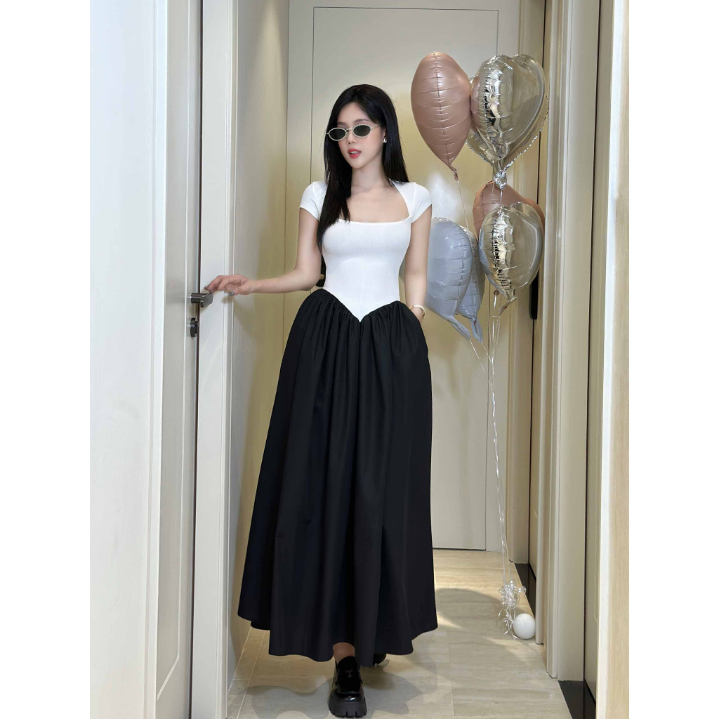 Đầm Nữ Dài White Top Black Gown, Chất Vải Thân Áo Thun tăm - Vải thân váy Si Cotton, WDD049, SOMEHOW