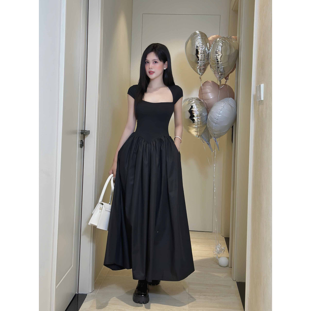 Đầm Nữ Dài White Top Black Gown, Chất Vải Thân Áo Thun tăm - Vải thân váy Si Cotton, WDD049, SOMEHOW
