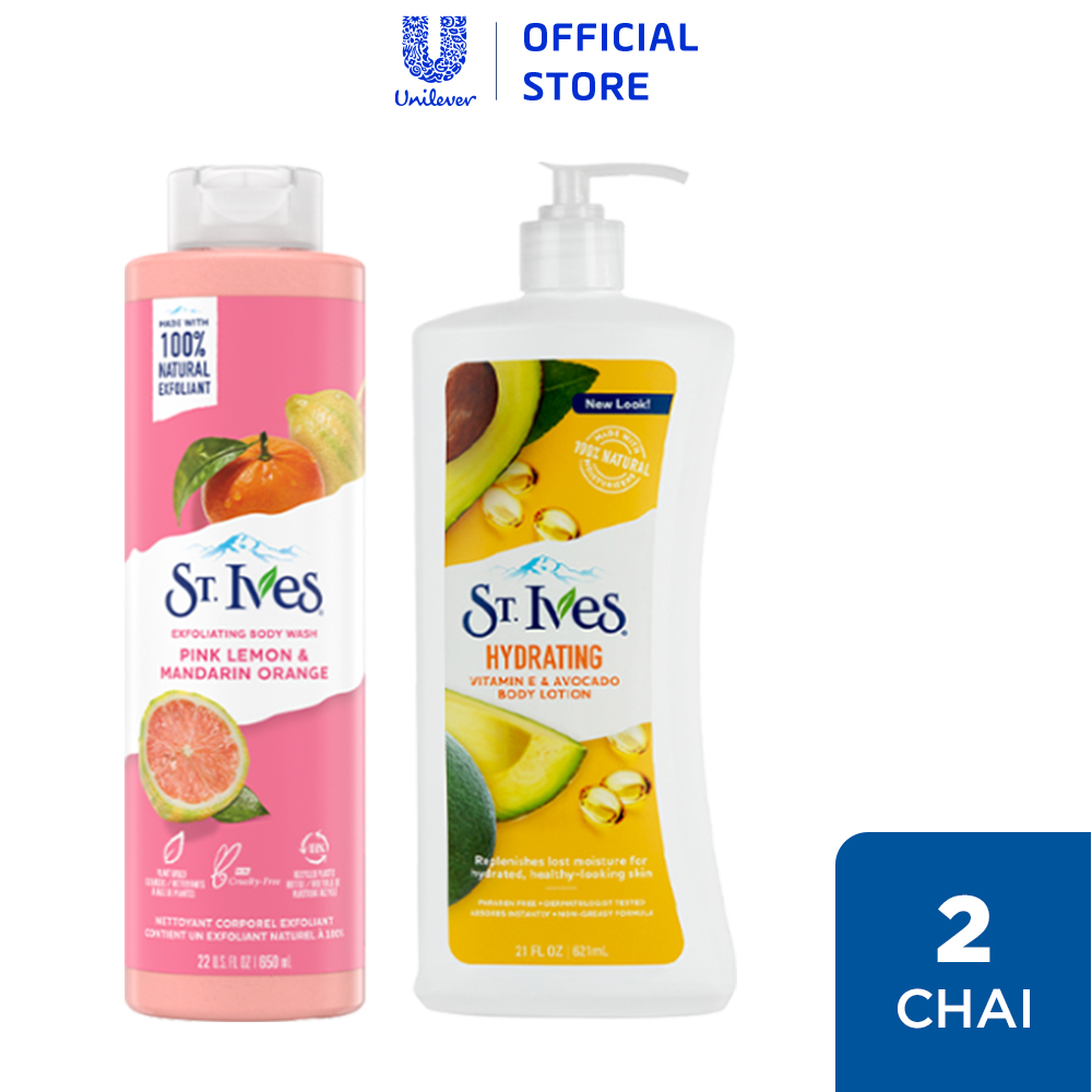 Combo Sữa tắm St.ives Cam chanh 650ml và Sữa dưỡng thể St.Ives E và bơ 621ml