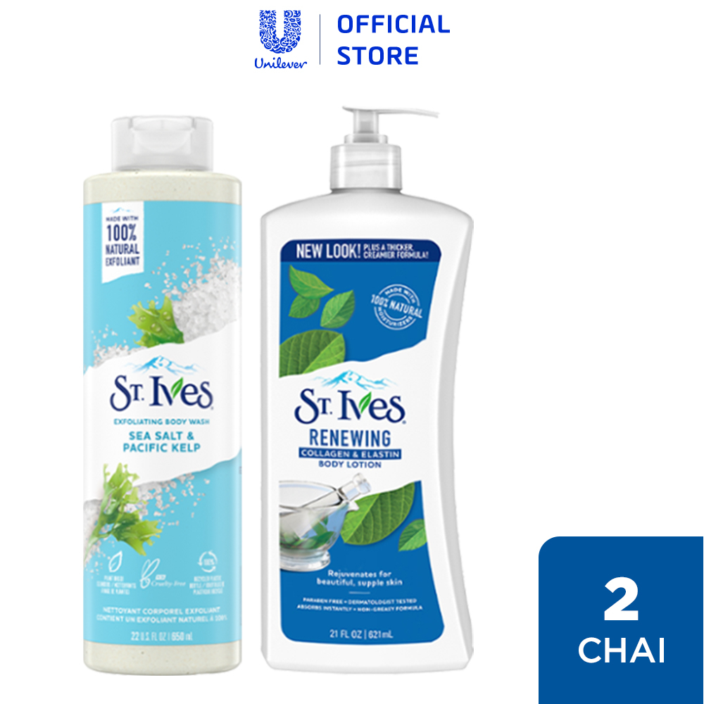 Combo Sữa tắm St.ives Muối biển 650ml và Sữa dưỡng thể St.Ives collagen trẻ hoá da 621ml