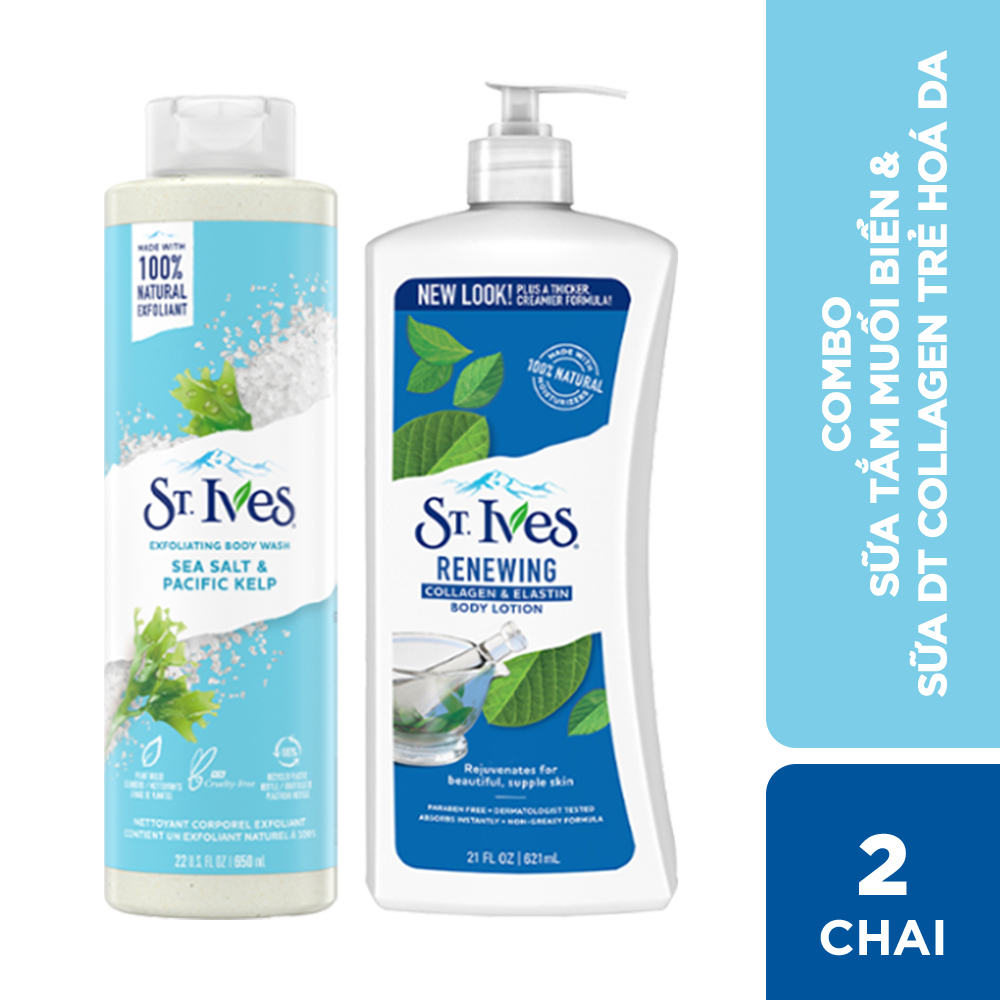 Combo Sữa tắm St.ives Muối biển 650ml và Sữa dưỡng thể St.Ives collagen trẻ hoá da 621ml