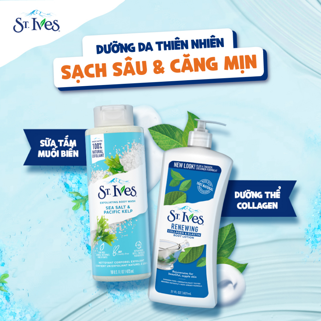 Combo Sữa tắm St.ives Muối biển 650ml và Sữa dưỡng thể St.Ives collagen trẻ hoá da 621ml