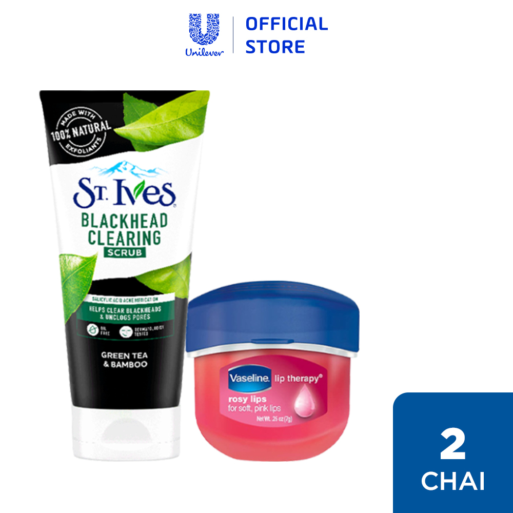 Combo Sữa rửa mặt tẩy tế bào chết ngừa mụn St.Ives Trà Xanh 170g + Sáp dưỡng môi Vaseline hồng xinh 7g