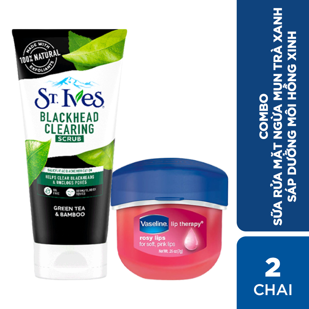 Combo Sữa rửa mặt tẩy tế bào chết ngừa mụn St.Ives Trà Xanh 170g + Sáp dưỡng môi Vaseline hồng xinh 7g