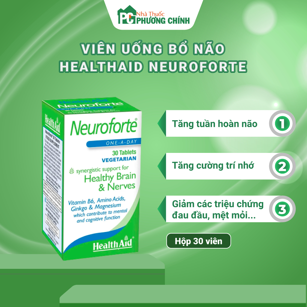 Viên Uống Tăng Cường Tuần Hoàn Não HealthAid Neuroforte - Giúp Cải Thiện Trí Nhớ (Hộp 30 viên)