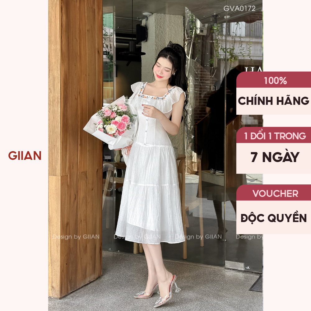 Váy trắng dáng dài cánh tiên cổ vuông thêu họa tiết hoa thương hiệu Giian - VA0172