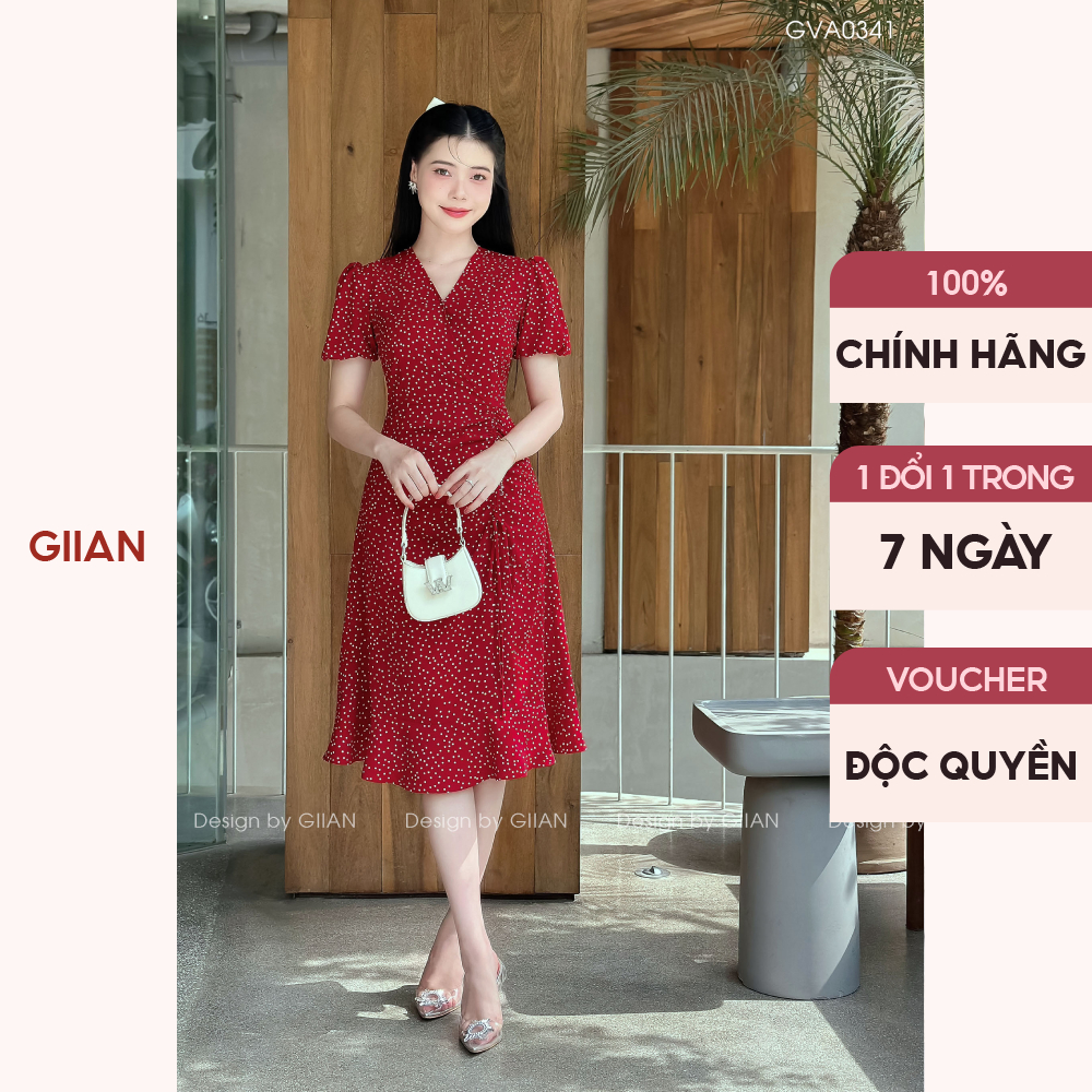 Váy đỏ hoa nhí dáng xòe thiết kế tay bồng thương hiệu Giian - VA0341