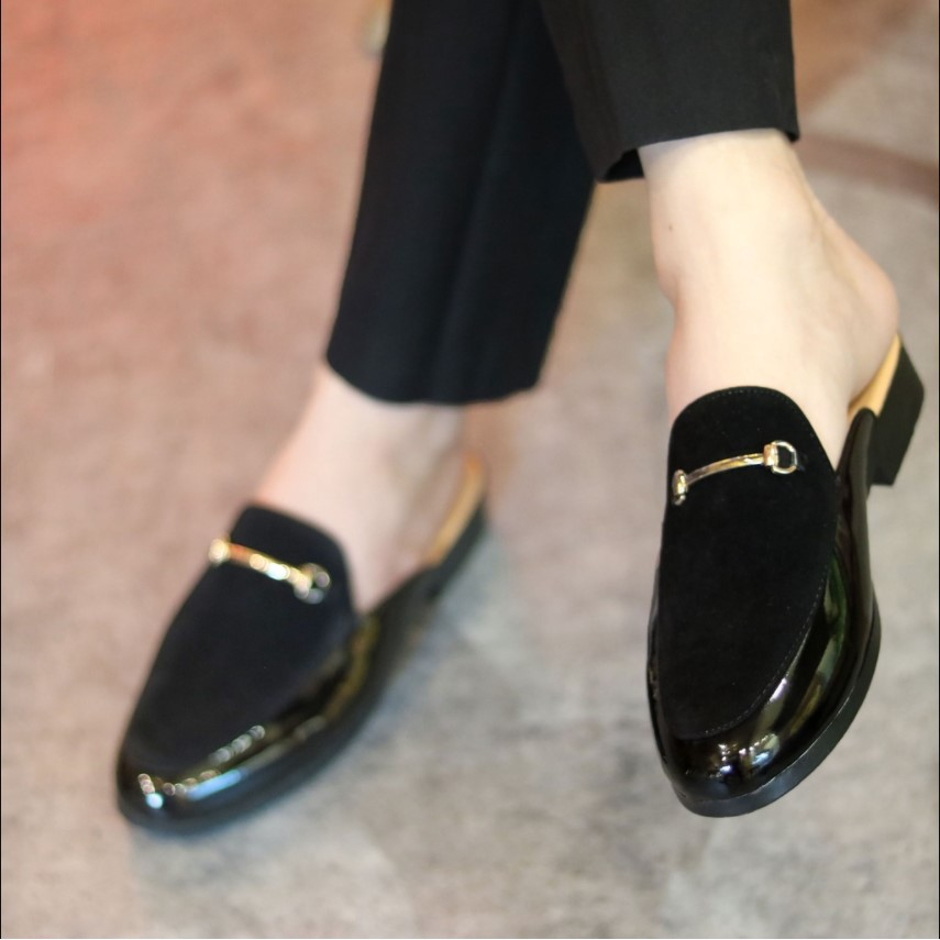 Giày sục nam da bóng phối da lộn khuy sắt phong cách hàn quốc sục da nam full size 38-43