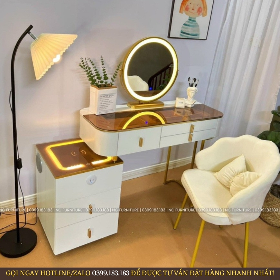 Bàn trang điểm thông minh - Bàn phấn trang điểm nhập khẩu, kèm Loa bluetooth và sạc không dây, đèn led cảm ứng BP-12