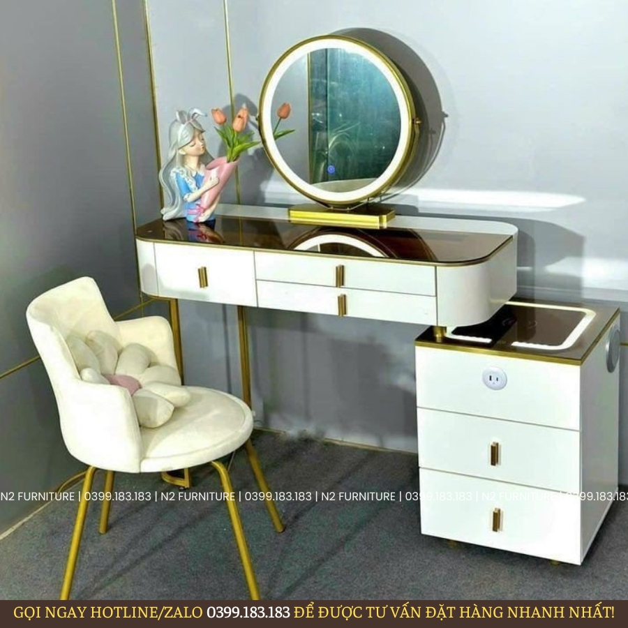 Bàn trang điểm thông minh - Bàn phấn trang điểm nhập khẩu, kèm Loa bluetooth và sạc không dây, đèn led cảm ứng BP-12