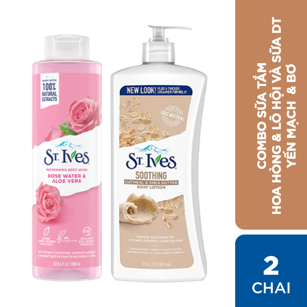 Combo Sữa tắm St.ives Hoa Hồng và Lô Hội 650ml&Sữa dưỡng thể St.Ives Yến mạch và bơ 621ml