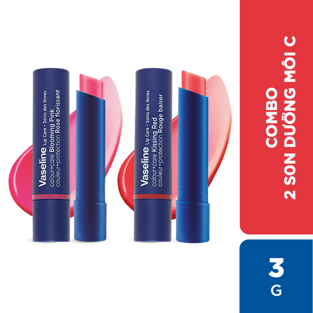 Combo 2 Son dưỡng môi Vaseline Colour+Care Kissing Red & Blooming Pink 3g