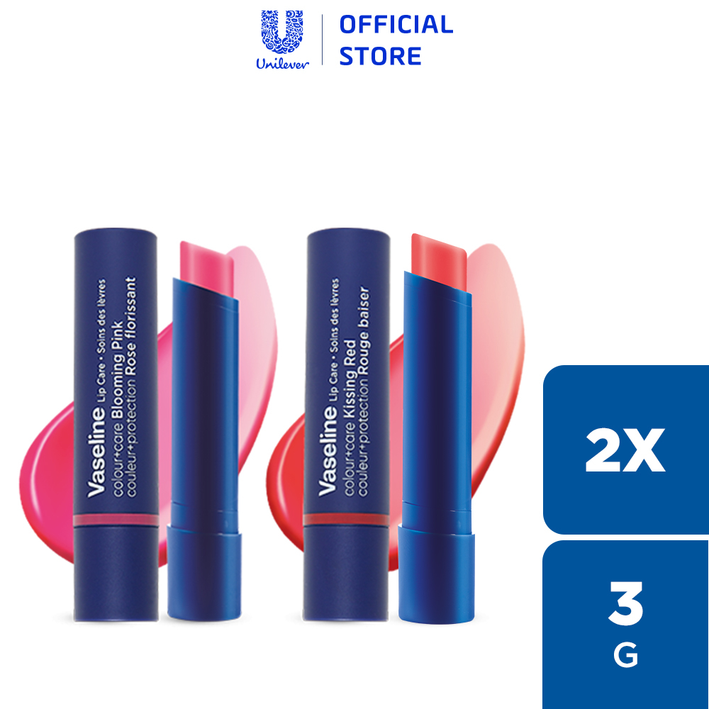 Combo 2 Son dưỡng môi Vaseline Colour+Care Kissing Red & Blooming Pink 3g