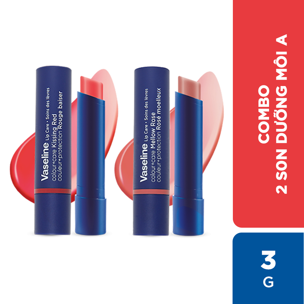 Combo 2 Son dưỡng môi Vaseline Colour+Care Mellow Rose & Kissing Red 3g