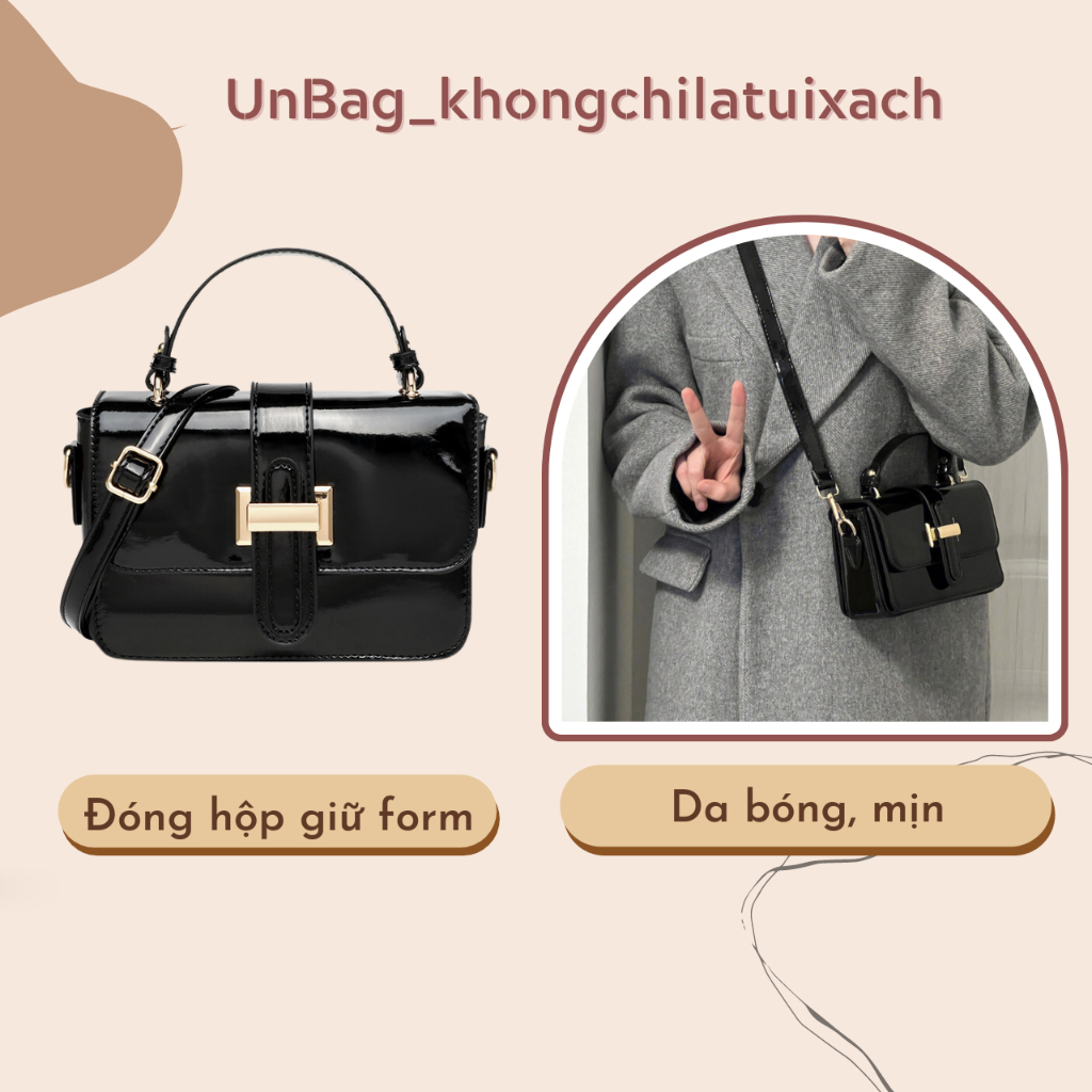 Túi xách đeo chéo đen bóng túi hộp khóa kim loại
