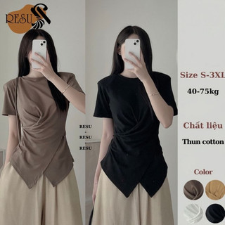 Áo thun xoắn eo cổ tròn , áo cộc tay vạt chéo resu