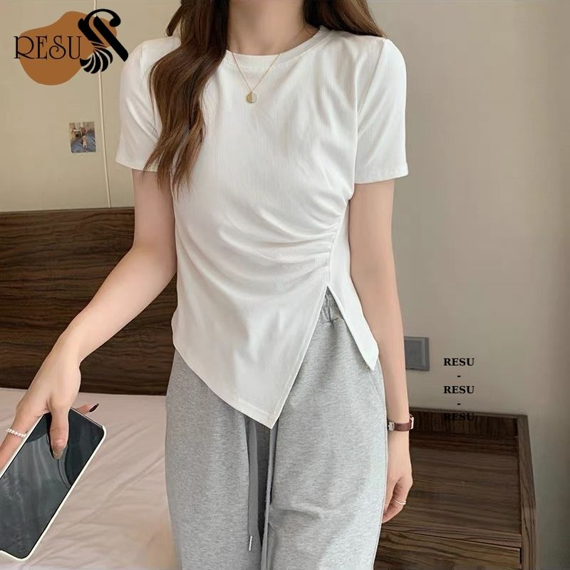 Áo Thun Nữ Tay Ngắn Basic Kiểu Nhún Eo Vạt Lệch Xẻ Tà Chất Cotton Mềm Co Giãn Tôn Dáng RESU