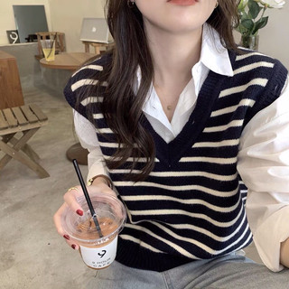 Áo len gile nữ kẻ ngang hàng Quảng Châu cổ chữ V ulzzang phong cách Hàn Quốc