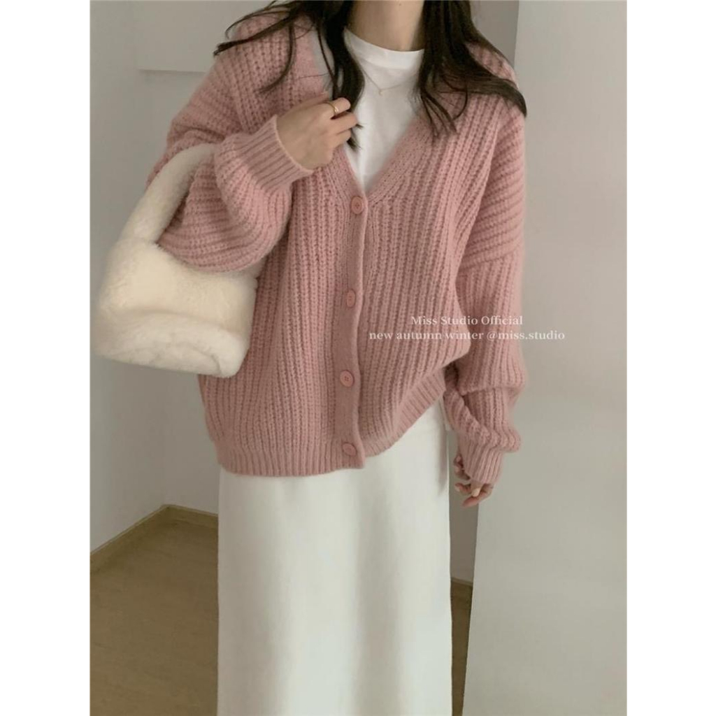 Áo khoác cardigan trơn dệt kim dày dặn mặc ngoài, áo len nữ tông màu trơn phong cách tối giản mùa Đông