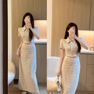 Set Dạ Tiêu Áo Sơ Mi Ngắn Tay Yealna Phối Chân Váy Dài 2 Lớp Phong Cách Tiểu Thư Sang Chảnh