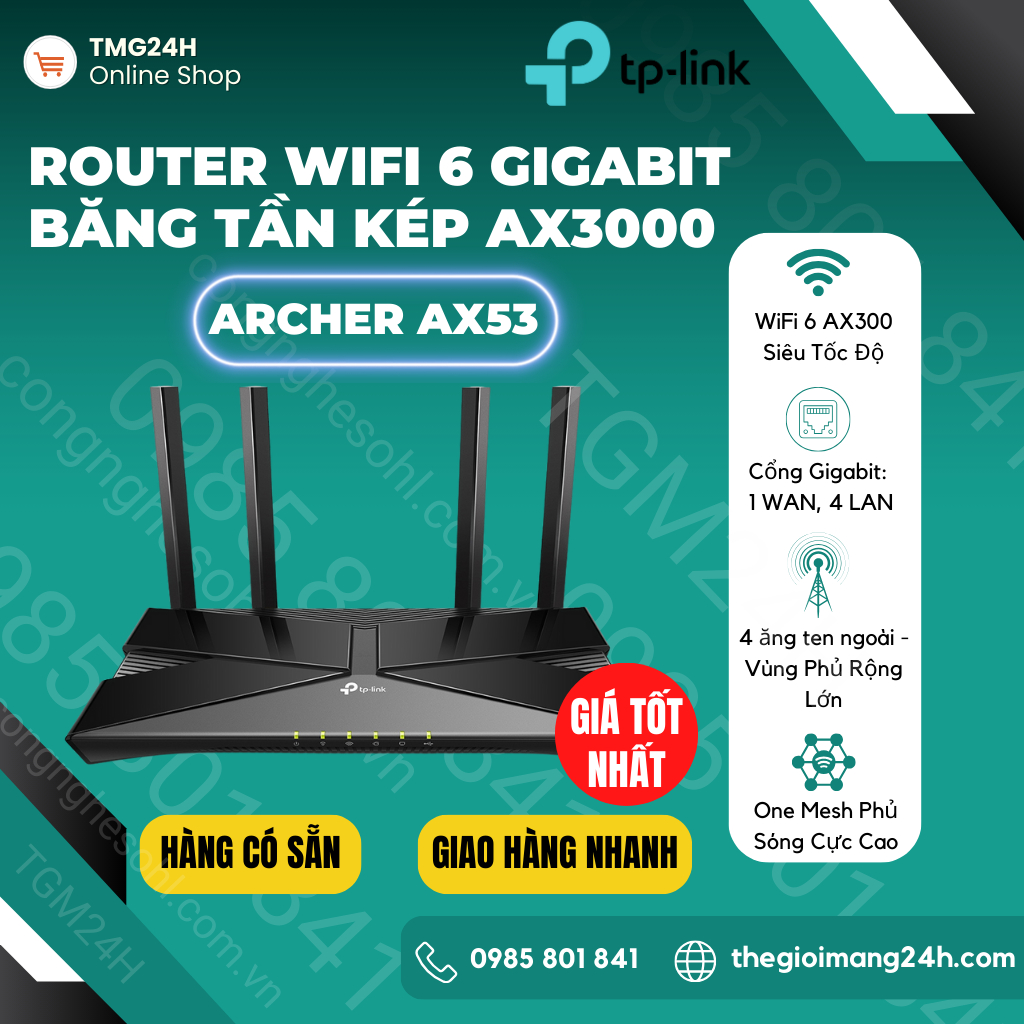 Bộ Phát Wifi TP-Link Archer AX53 WiFi 6 Gigabit Băng Tần Kép AX3000. Hàng chính hãng