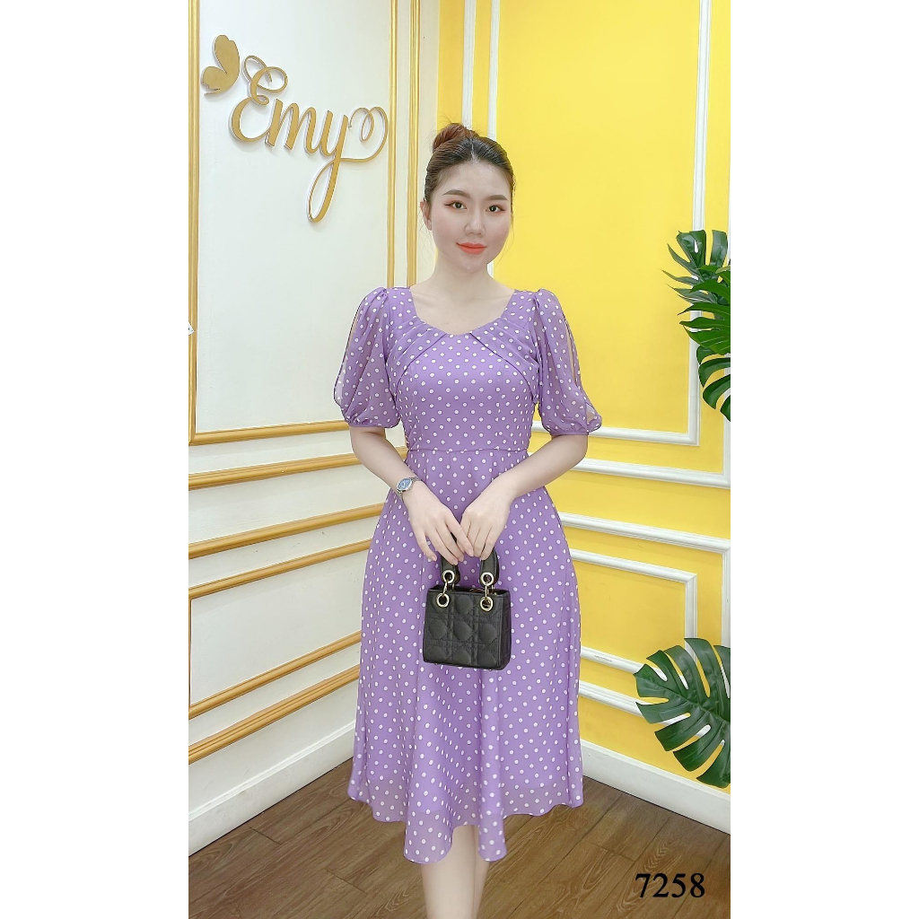 Đầm EMY EM7258 Xoè Chấm Bi Tím