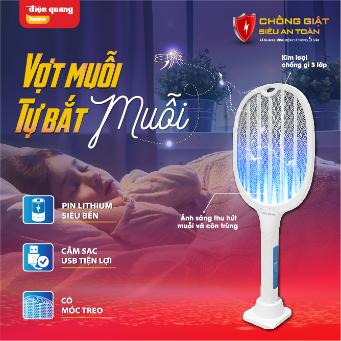 Vợt muỗi tự động kiêm Đèn bắt muỗi 2 trong 1 tự động sạc điện, vợt bắt muỗi Điện Quang.