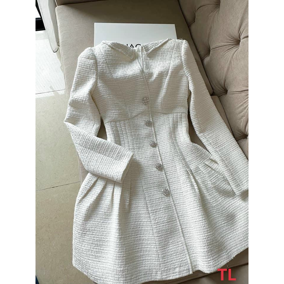 Váy dạ tweed   đầm dạ tweed tay dài | đầm dạ cao cấp ly eo khuy đá cao cấp ANH FASHION
