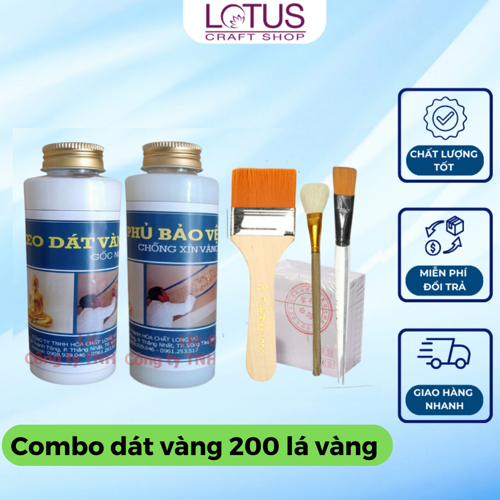 Combo vật liệu dát vàng 24k kèm đủ keo và phụ kiện dùng cho dát vàng dừa, hoa quả, đồ da, tượng, đồ nội thất