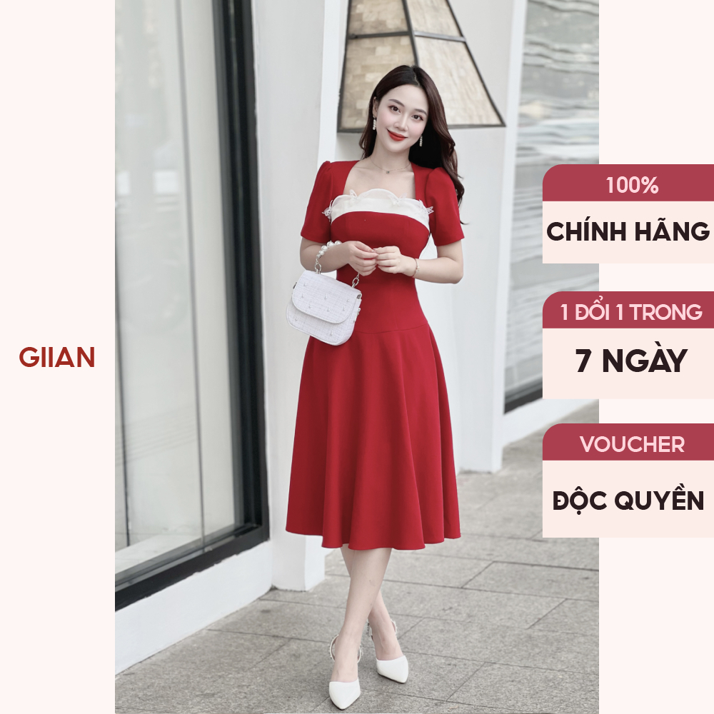 Váy dáng dài xòe đỏ thiết kế tay bồng ngực đính họa tiết chính hãng Giian - GV2678