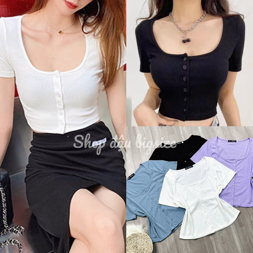 Áo Thun Bigsize Nữ, Áo Kiểu Croptop Cổ Vuông Ôm Body Có Nút Chất Gân Co Dãn Mã G31