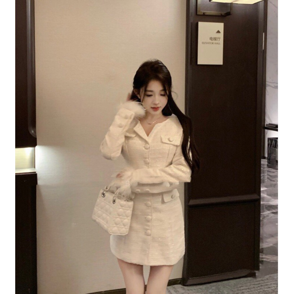Váy dạ tweed dài tay dáng chữ A cổ tay phối lông, Váy đầm dạ cổ sơ mi lót lụa mềm mịn TAOBAO LOẠI 1